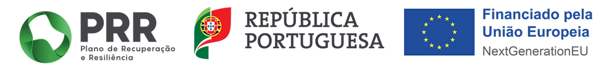 Logótipos PRR – Plano de Recuperação e Resiliência, República Portuguesa e Financiado pela União Europeia – NextGenerationEU